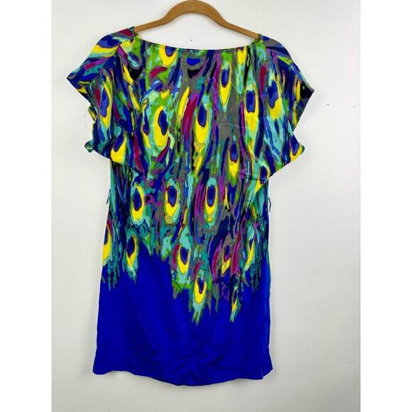 Trina Turk Dress Size 8 Blue Peacock Print 100% Silk Cap Sleeve Beach Vacation - Picture 4 of 6